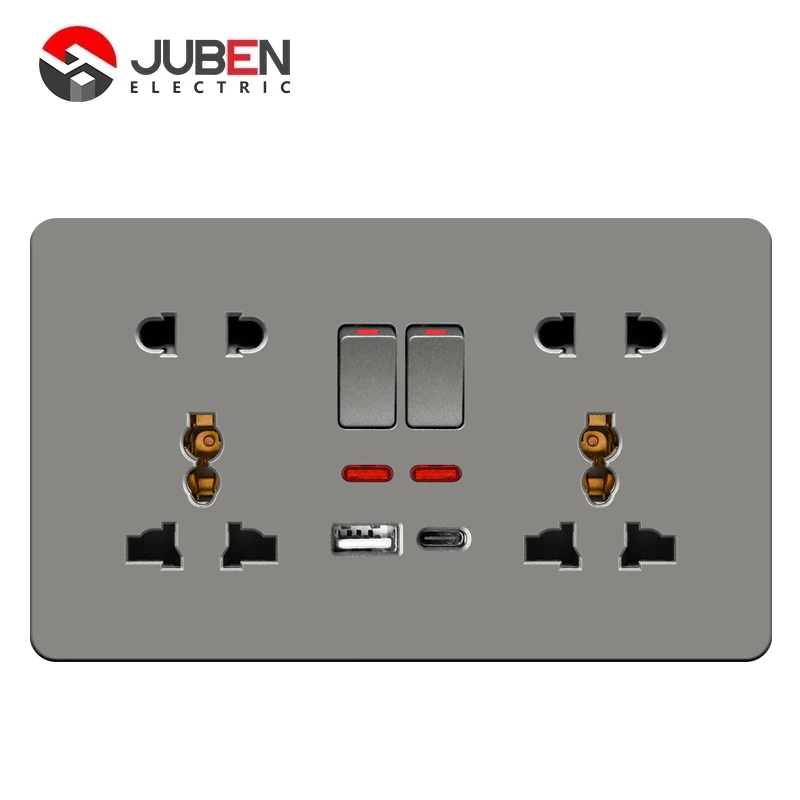 DOUBLE 5PIN MULTI SWITCHED SOCKET WITH LIGHT + C PORT USB